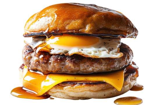 breakfast burger with a savory sausage patty, topped with a fried egg, American cheese, sandwiched between two buttermilk pancakes, isolated on a white background.