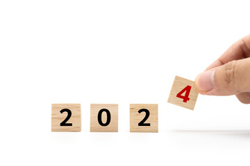 wooden cube blocks with 2024 text isolated on white background. numbers on wooden blocks with copy space. 2024 new year idea concept.