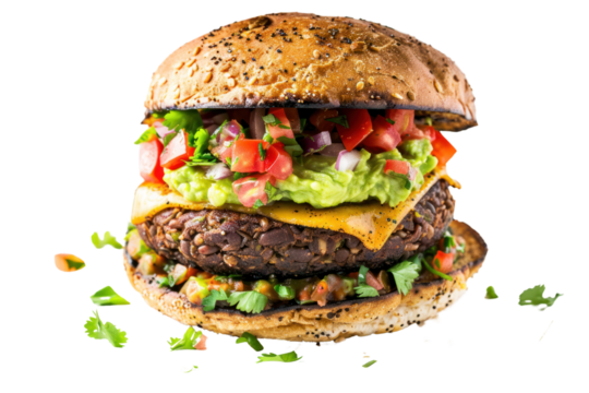 breakfast burger with a savory sausage patty, topped with a fried egg, American cheese, sandwiched between two buttermilk pancakes, isolated on a white background.