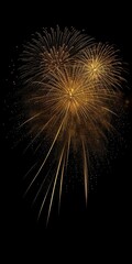 Obraz premium fireworks, golden balls with long glowing tails, golden fireworks in the black night sky, bursting fire sprays, sparks and luminous particles