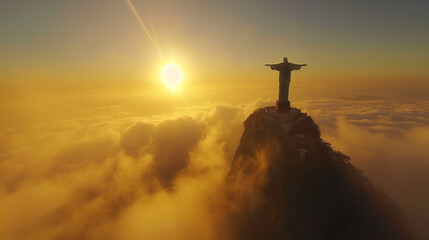 A Majestic View of high Christ the redeemer in sunrise over the fog, AI generative