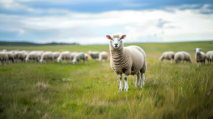 A white sheep grazes in field on the hill in spring, AI generated