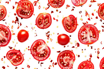 Arrangement of halved tomatoes Create captivating patterns, colors and textures. Isolated on white background.