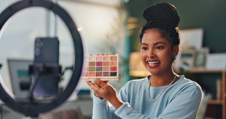 Woman, influencer and home on smartphone as makeup artist for beauty tips on social media or live...