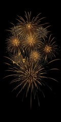 Obraz premium festive fireworks, golden balls with long glowing tails, golden fireworks in the black night sky, bursting fire sprays, sparks and luminous particles