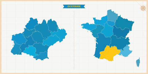 A Map highlighting Occitanie in the France Map, Occitanie and France modern map with Colorful Hi detailed Vector, geographical borders