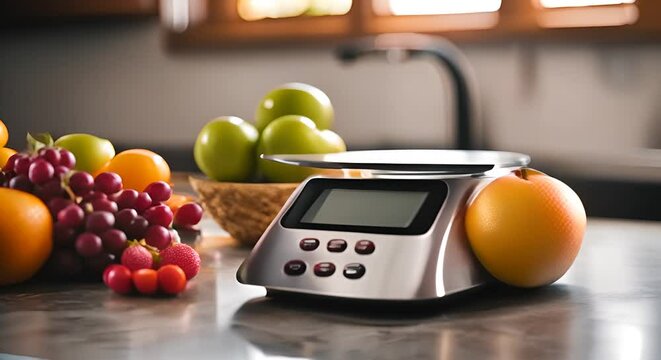 Digital scale with various fruits on modern kitchen table
