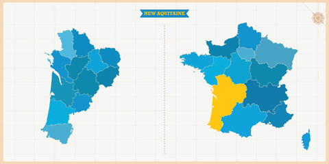 A Map highlighting New Aquitaine in the France Map, New Aquitaine and France modern map with Colorful Hi detailed Vector, geographical borders
