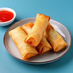 Veg spring rolls with tomato ketchup on blue background