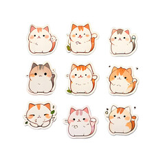features nine adorable cartoon cats depicted in a kawaii (cute) style, each with unique expressions and poses
