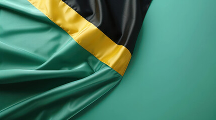 Obraz premium Close Up View of Wrinkled National Flag with Green, Black, and Yellow Colors on a Smooth Green Background Symbol of Heritage, Identity, and Cultural Pride
