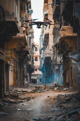 A drone operating in an urban warzone navigating amongst crumbling buildings and narrow alleyways