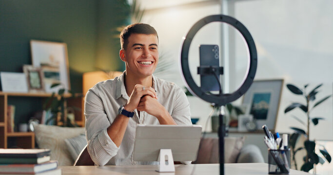 Man, influencer and home with smartphone for social media or online vlog and live streaming. Content creator, happy and smile for podcast as university student for educational talk and motivation