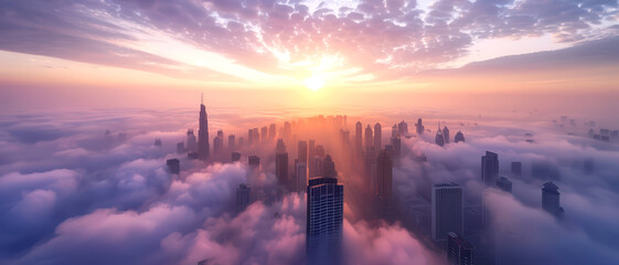 High-angle view of a city skyline at dawn, thick fog, emerging sunlight