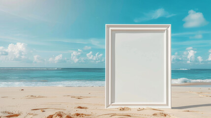 Fototapeta premium blank white frame mockup on the beach with blue sky and sea background. advertisement, travel concept. mockup for marketing.