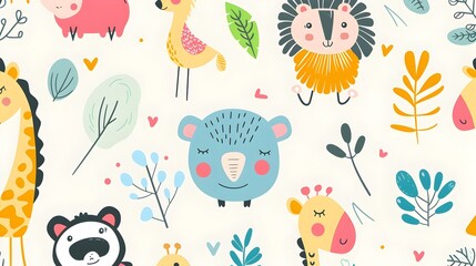 Cute cartoon animals and floral pattern for children's decor and