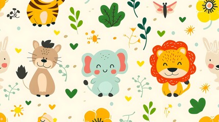 Naklejka premium Cheerful Cartoon Animal Friends in Colorful Floral Forest Habitat