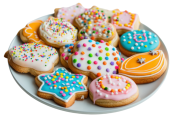 A plate of assorted sugar cookies Each dish is decorated with an intricate frosting design and brightly colored sprinkles. Isolated on a white background