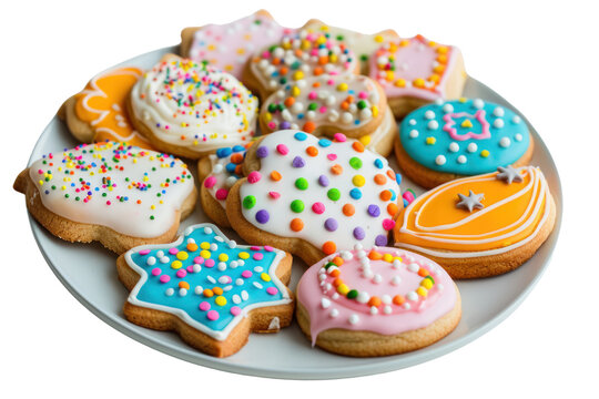 A plate of assorted sugar cookies Each dish is decorated with an intricate frosting design and brightly colored sprinkles. Isolated on a white background