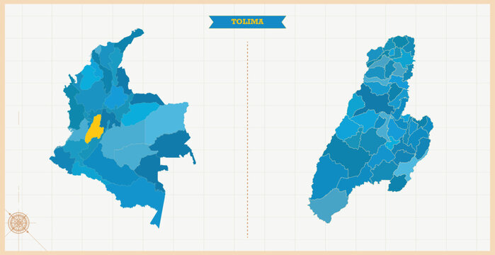 A Map highlighting Tolima in the Colombia Map, Tolima and Colombia modern map with Colorful Hi detailed Vector, geographical borders