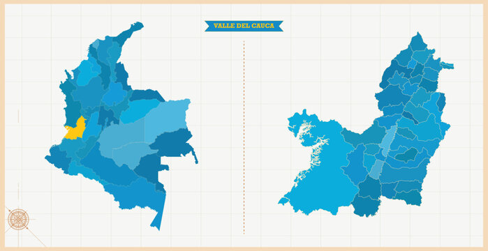 A Map highlighting Valle del cauca in the Colombia Map, Valle del cauca and Colombia modern map with Colorful Hi detailed Vector, geographical borders