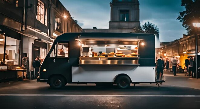 A street food truck parked on a city street. Modern business concept