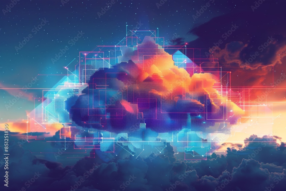 Poster a geometric cloud built from triangular wireframe elements, emphasizing its structured and modular n