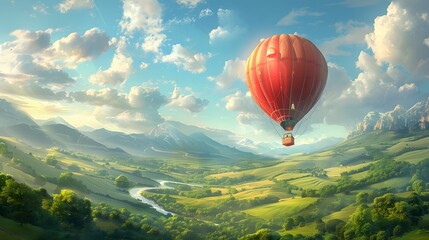 Hot Air Balloon Soaring Over a Lush Valley