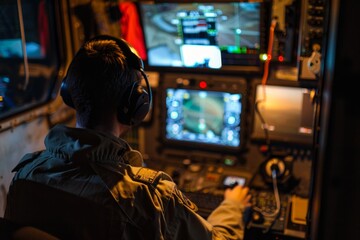 Obraz premium A ground control station: technicians and pilots remotely operating a combat drone on multiple screens
