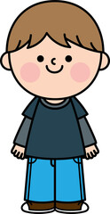 Illustration of a cute boy with brown hair wearing a grey long-sleeved shirt and long jeans standing and smiling.