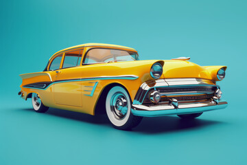 Fototapeta premium 3d render of yellow retro car on blue background