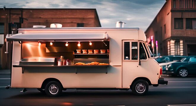 A street food truck parked on a city street. Modern business concept