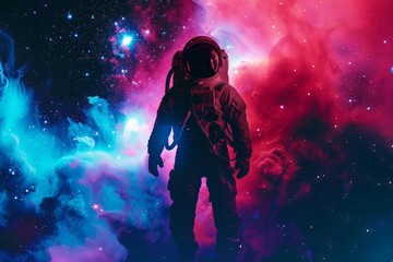 Fototapeta premium A lone astronaut in a classic pop art pose, silhouetted against a vibrant nebula