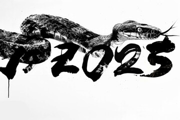 a snake painted in chinese style black brush strokes with year 2025. Chinese new year