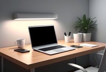 Home office workplace room with a laptop on the desk, colorful illustration cartoon style vector