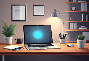 Home office workplace room with a laptop on the desk, colorful illustration cartoon style vector