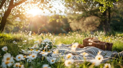Picnic on a green meadow with flowers img