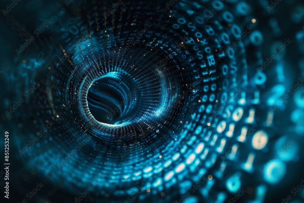 Poster a digital vortex with swirling glitches, fragments of code and data spiraling towards its corrupted 
