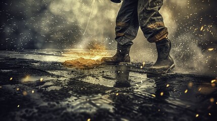 Closeup of dedicated industrial worker skillfully using angle grinder cutting metal, sparks flying, in a dynamic workshop environment, high-resolution image capturing action and motion