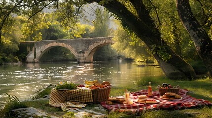Fototapeta premium Picnic by the old bridge over the river img