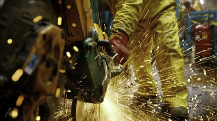 Closeup of dedicated industrial worker skillfully using angle grinder cutting metal, sparks flying, in a dynamic workshop environment, high-resolution image capturing action and motion