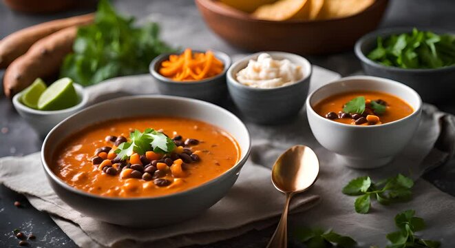 Delicious sweet potato and lentil and vegan tortilla soup on the kitchen table