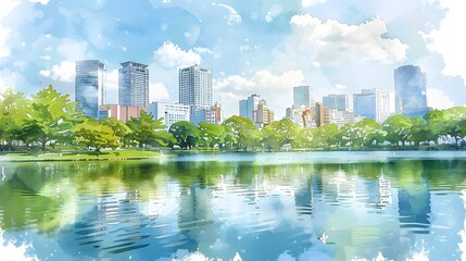 Obraz premium Serene Watercolor Cityscape with Lake and High-Rise Buildings