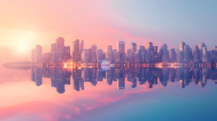 Fototapeta premium Magnificent Urban Skyline Reflecting in Tranquil Waterfront at Sunset