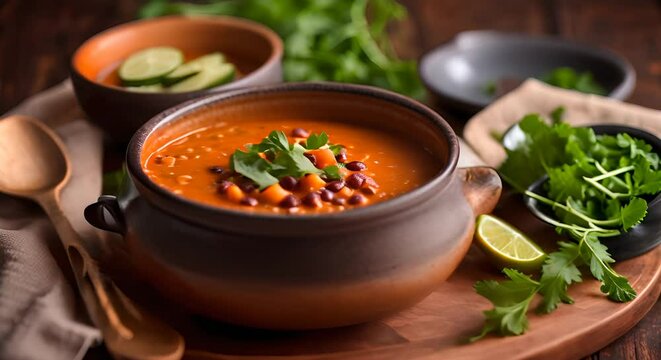Serving delicious sweet potato and lentil and vegan tortilla soup on the kitchen table