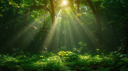 Golden rays of light pierce through a canopy of lush green foliage, casting enchanting patterns on the forest floor. Abstract Backgrounds Illustration, Minimalism,