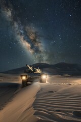 An Military tank M1 Abrams navigating its way through treacherous sand dunes under a starry desert night sky Its headlights cut through the darkness