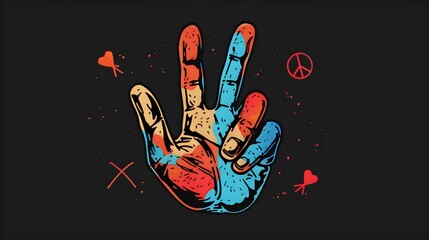 Naklejka premium Vibrant Psychedelic Hand Painting with Peace Sign and Retro Colors
