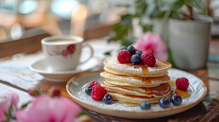 Pancakes with berries and maple syrup img