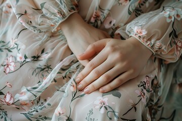 Close-up of a delicate floral pattern on a flowing sundress, fingers gently tracing the textured fabric